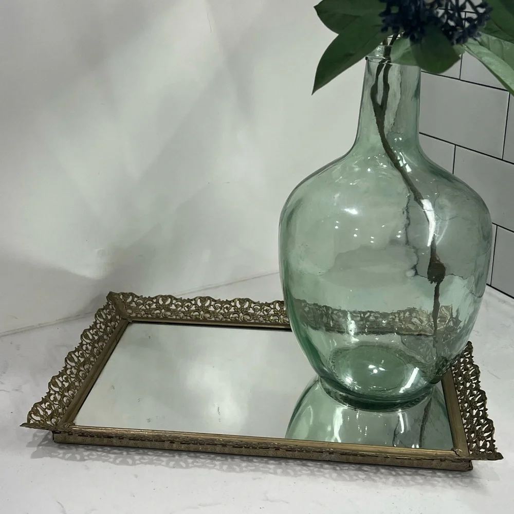 Vintage Gold Filigree Vanity Dresser Hollywood Regency Mirror Tray